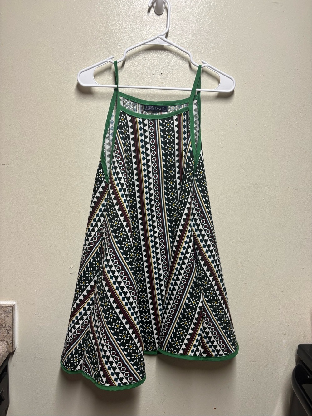 Zara tribal print flare mini dress women's large pockets green trim